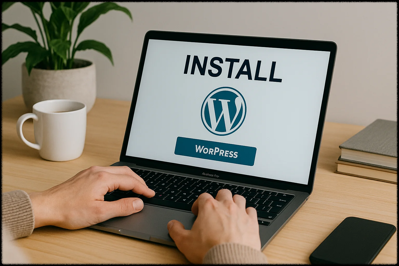 워드프레스 설치 화면이 표시된 노트북 이미지