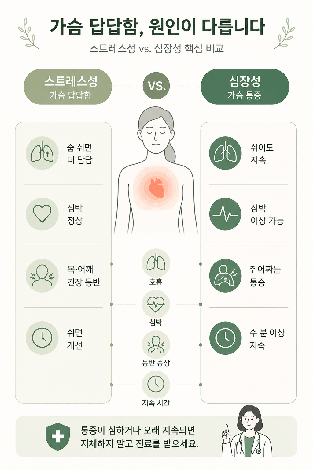 스트레스성 가슴 답답함과 심장성 가슴 통증의 차이를 호흡, 심박, 동반 증상, 지속 시간을 중심으로 아이콘과 함께 비교한 세로형 건강 인포그래픽.
