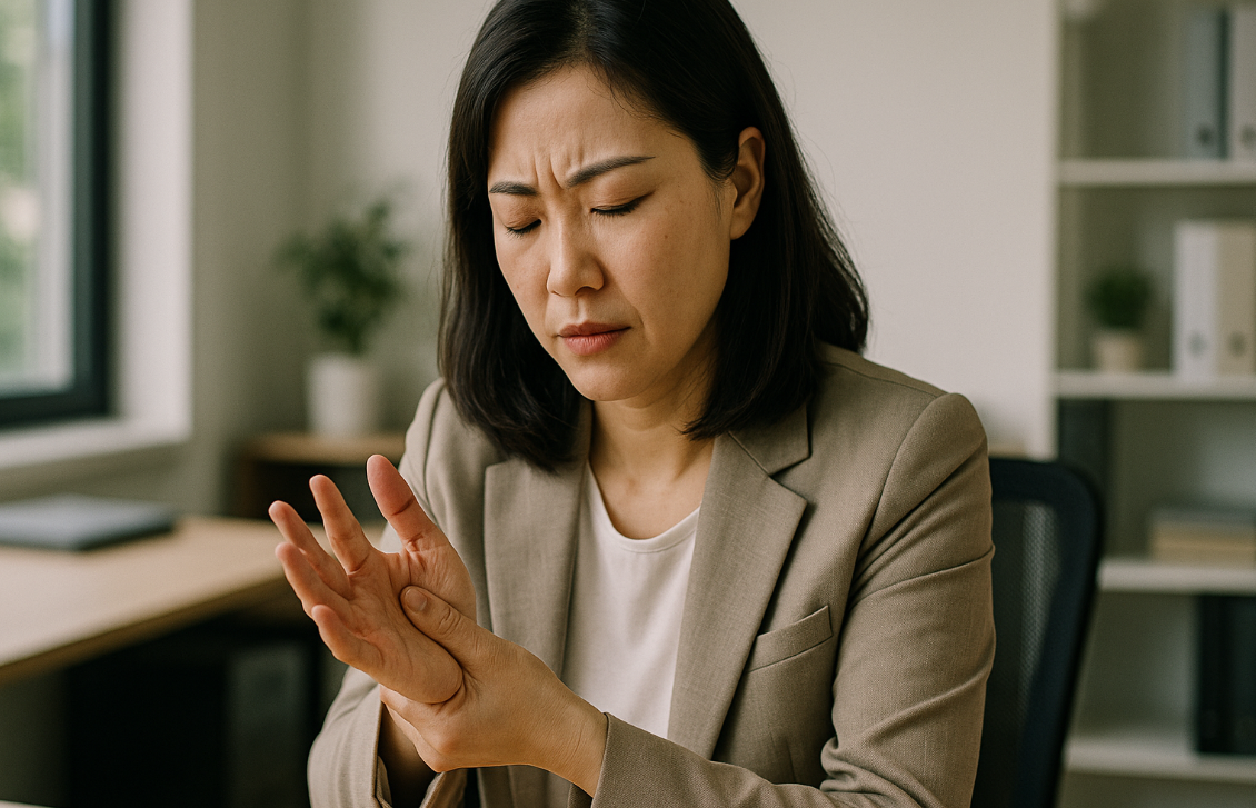 손바닥에 통증을 느껴 마사지를 하는 직장인