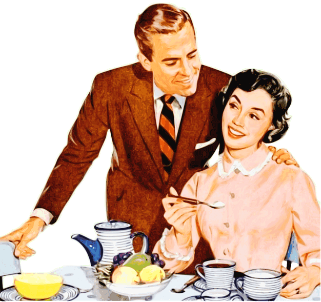 갈색 양복을 입은 백인 중년 남자가 흑발의 백인 여자의 어깨에 감싸안으며 다정하게 웃고있다. 아내는 음식이 차려진 식탁 앞에 앉아있고, 남편은 서있다.