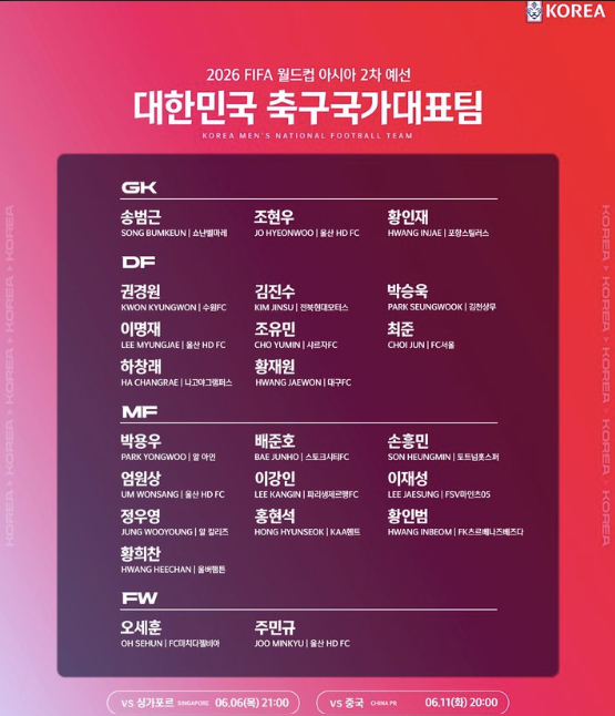 한국 중국전 국가대표 선수명단