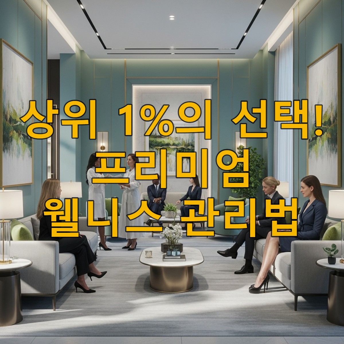 고급스러운 웰니스 건강검진 센터 로비에서 편안하게 상담을 기다리는 성공한 사람들.