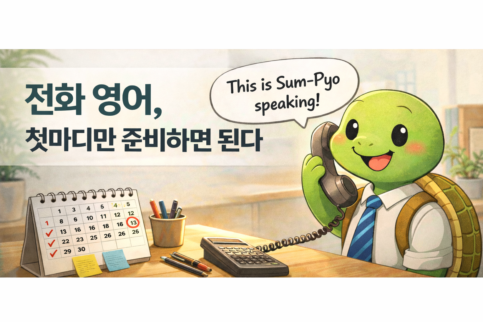전화 영어 표현 5가지 - 거북이 캐릭터가 전화기를 들고 This is Sum-Pyo speaking 말풍선을 띄우고 있는 쉼프학당 어른의 영어 썸네일