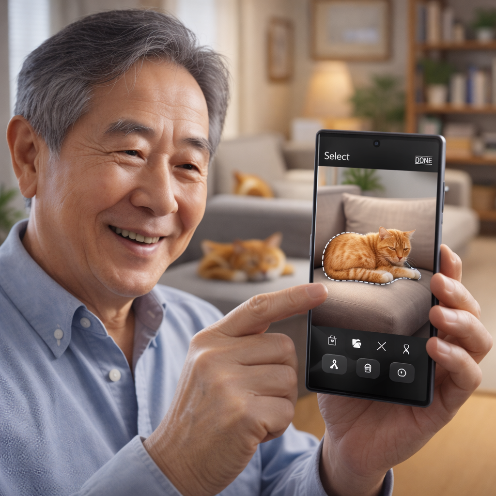 시니어가 갤럭시폰으로 셀렉트 기능 사용 하는 이미지