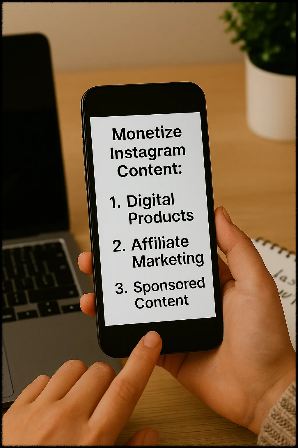 스마트폰 화면에 표시된 인스타그램 수익화 모델 3가지