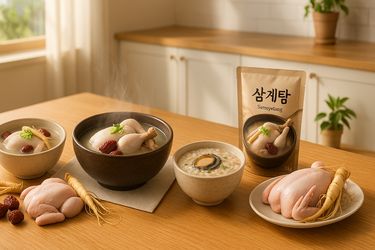 따뜻한 여름 햇살이 비치는 깔끔한 주방에서 보양식