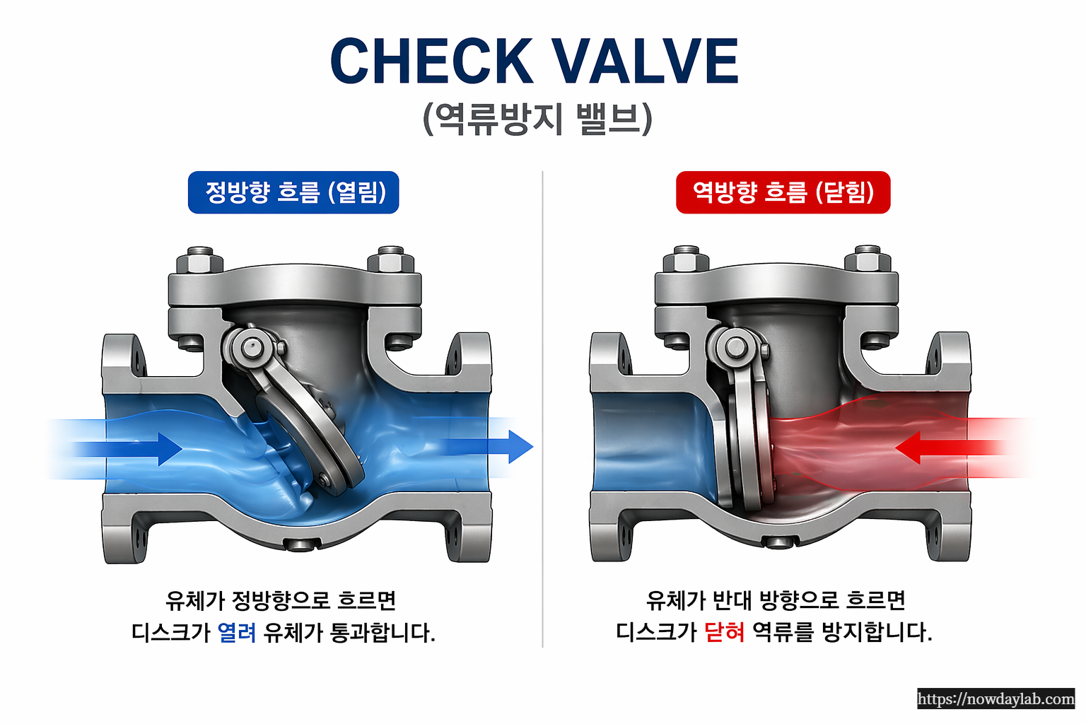 역류를 방지해주는 체크밸브는 펌프 및 배관 설비등을 보호하기 위해 많이 사용된다