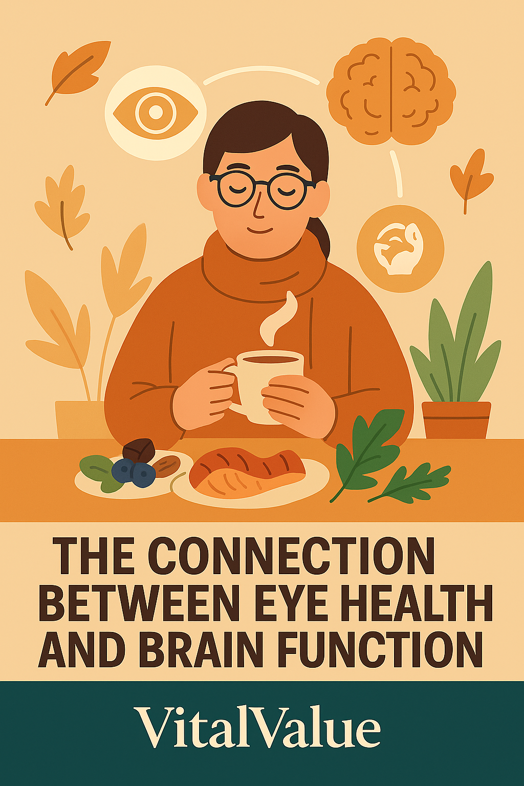 &ldquo;Flat autumn-style illustration of a person with glasses reading, with glowing eye and brain icons connected, symbolizing the link between eye health and brain function.&rdquo;
