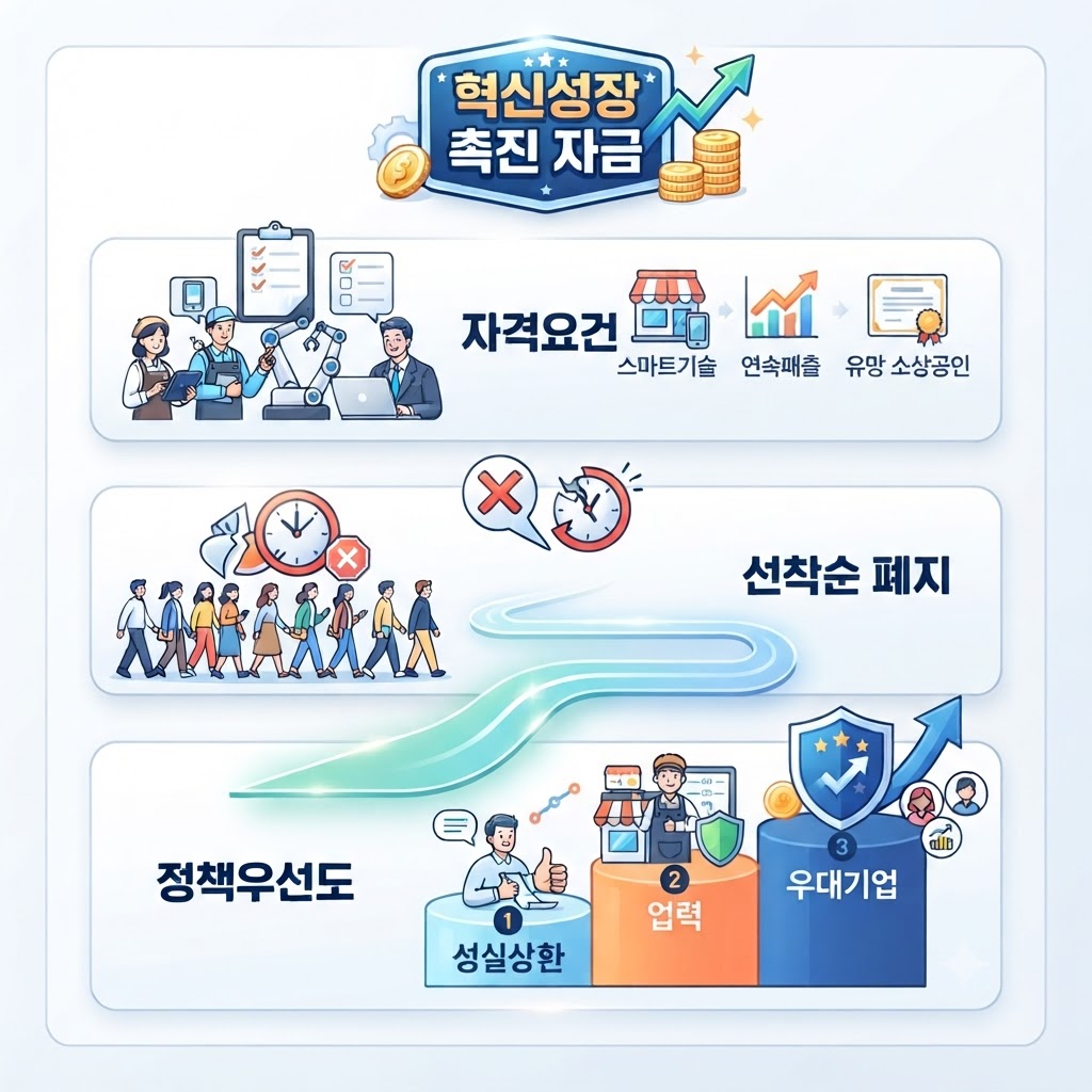 소상공인 혁신성장 촉진 자금의 주요 변경 사항(자격요건, 선착순 폐지, 정책우선도)을 직관적인 아이콘과 3단계 프로세스로 표현한 모바일 최적화 인포그래픽입니다.