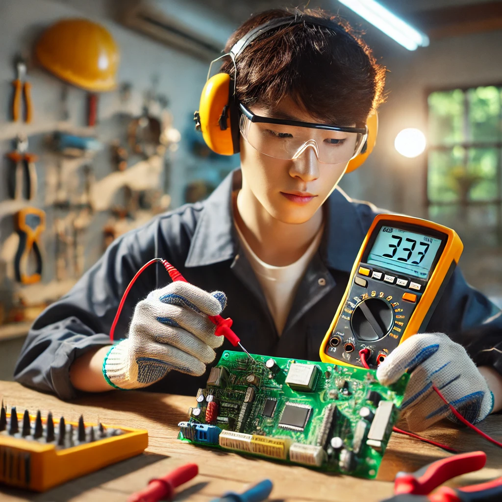 작업장에서 회로 기판을 멀티미터로 검사하는 안전 장비를 착용한 젊은 남성