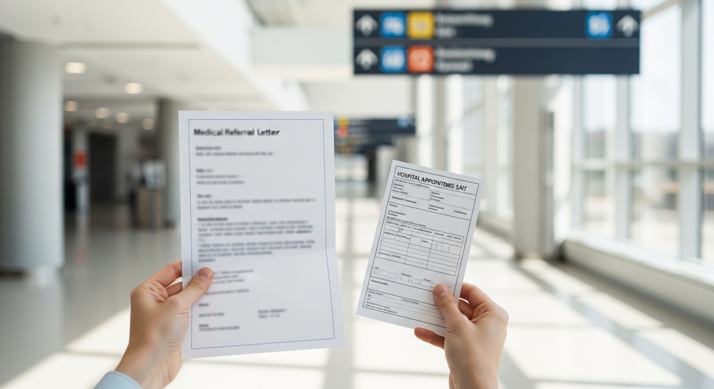 병원의 진료의뢰서를 들고 있다