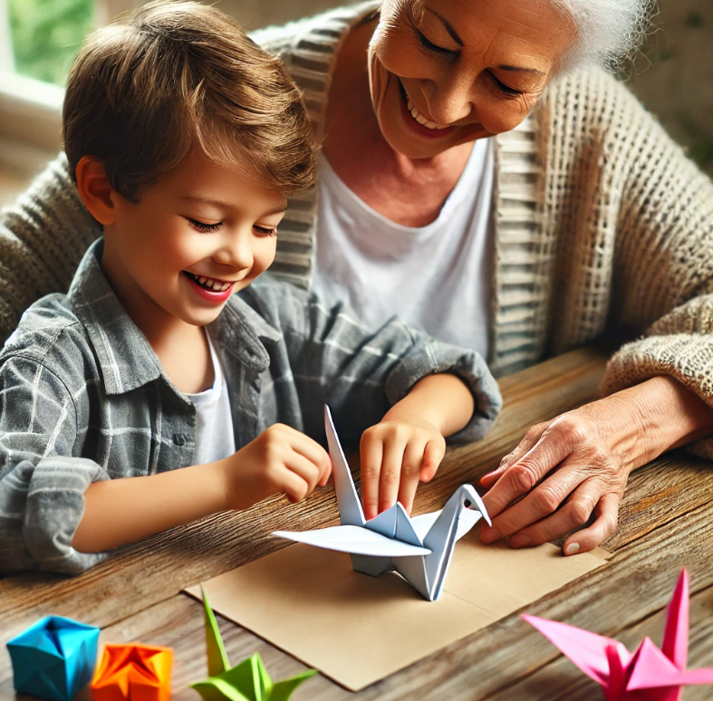 부모와 함께 종이접기하는 모습