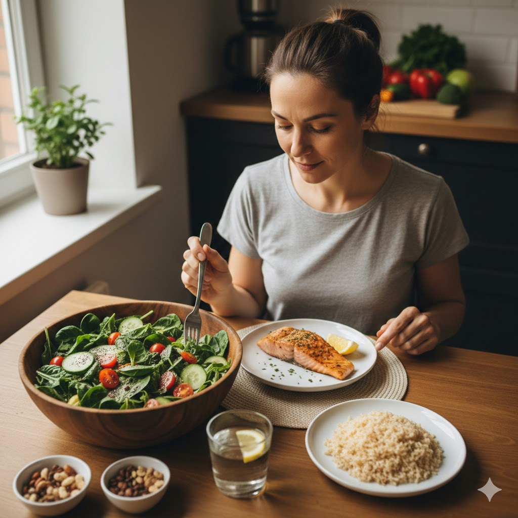 혈당 스파이크 예방을 위해 채소 위주의 식단 순서를 지키는 건강한 식사 장면