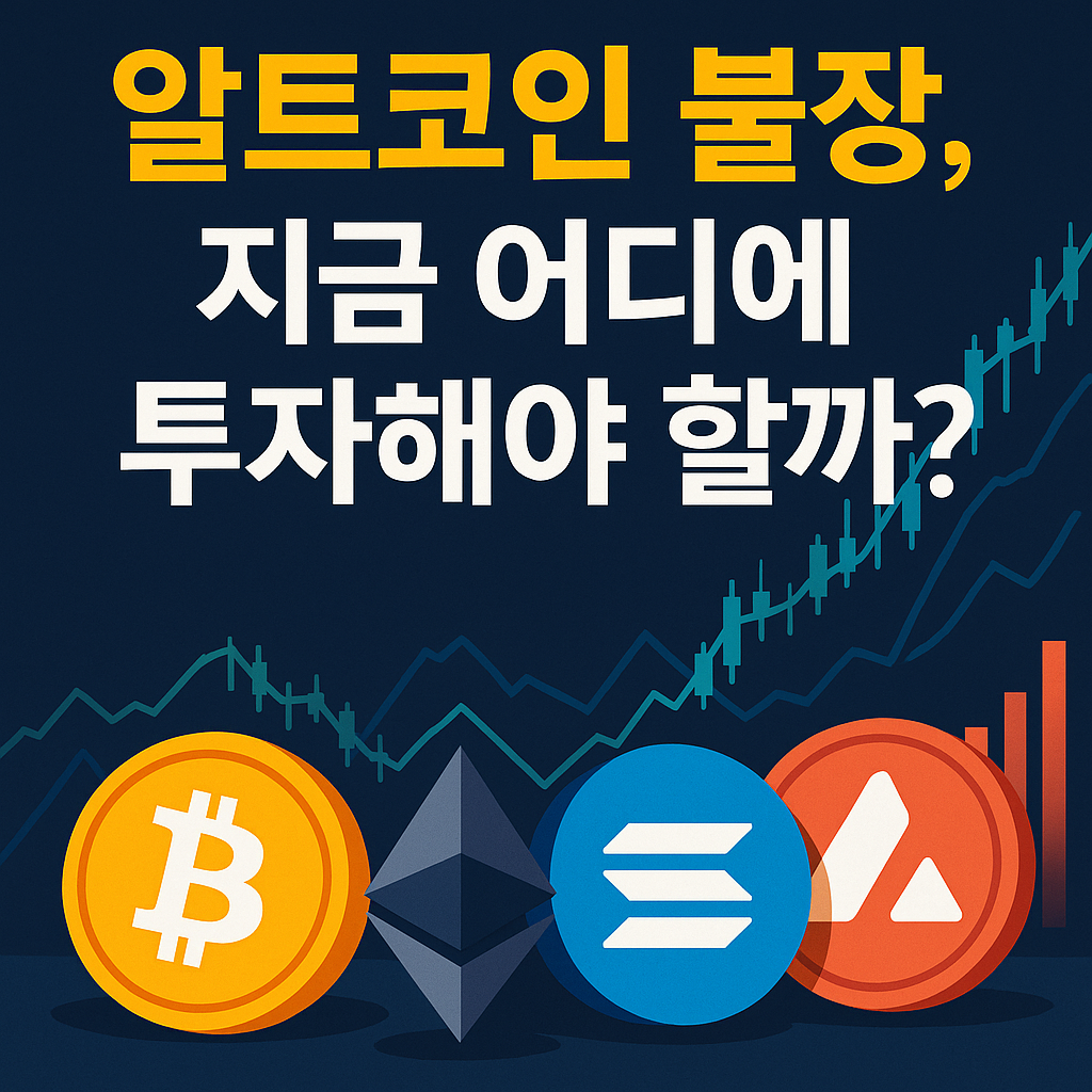 알트코인 불장 관련 코인 아이콘(BTC, ETH, SOL, AVAX)과 상승 그래프가 함께 표현된 투자 안내 이미지
