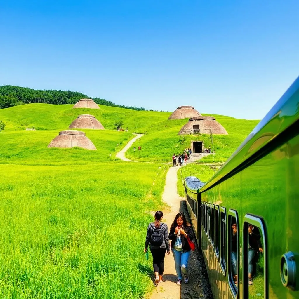 대릉원의 고분들과 푸른 잔디가 어우러진 풍경 속에 해랑열차 승객들이 산책하는 모습을 담아, 기차 여행의 단순한 이동을 넘어선 문화 체험의 기회를 보여줍니다.