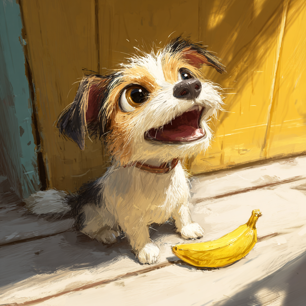 바나나앞에 앉아있는 강아지 픽사스타일 이미지