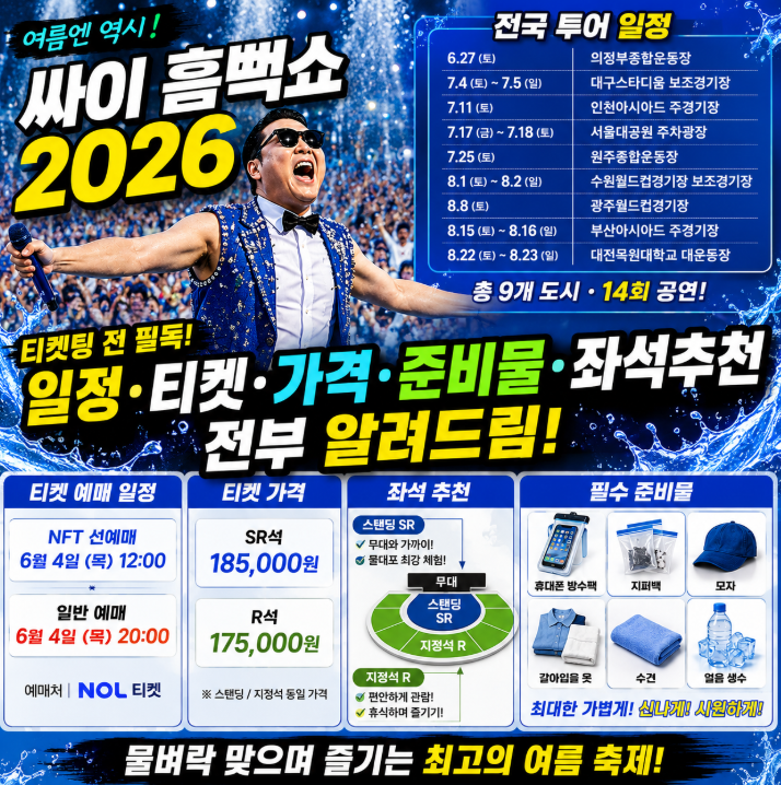 싸이 흠뻑쇼 2026 일정 티켓 가격 예매 준비물 좌석추천 완벽정리1
