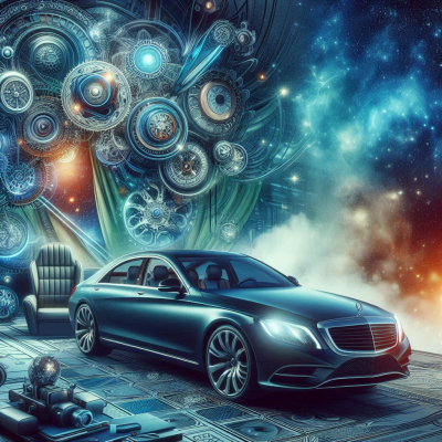 고급 자동차와 함께 시계와 도구들이 있는 장면.