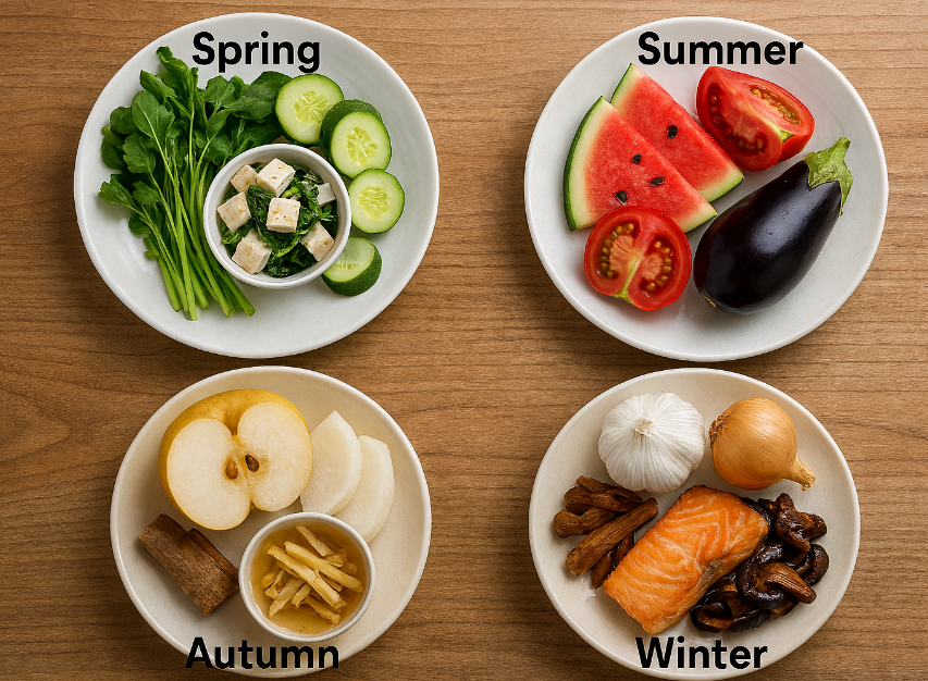 봄·여름·가을·겨울을 대표하는 제철 식재료와 면역력 강화 식단을 한눈에 보여주는 이미지