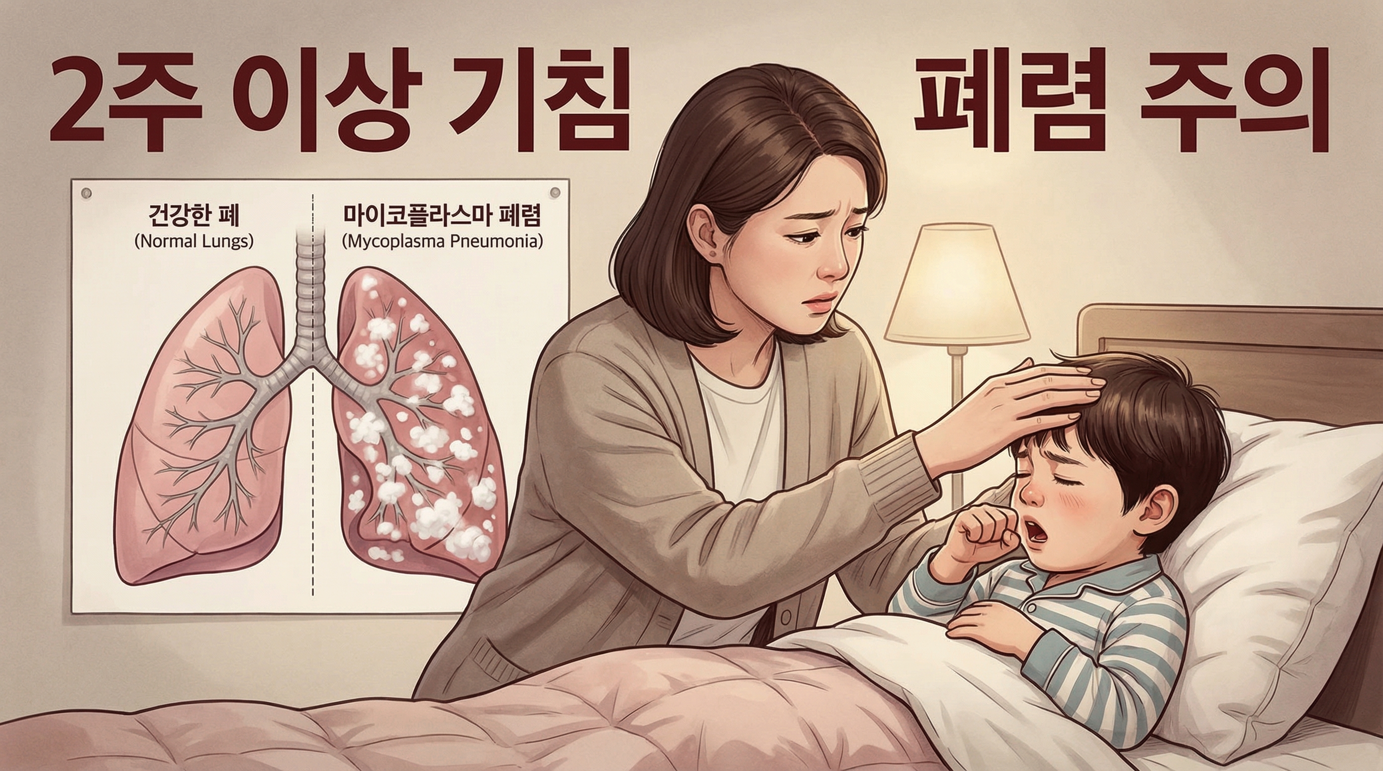 밤에 아픈 아이가 누워있고 엄마가 걱정하는 모습