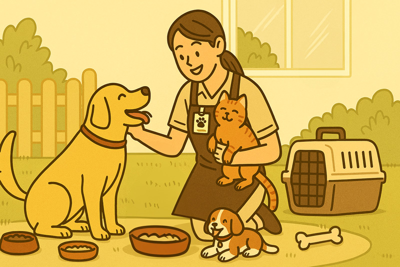 여성이 강아지와 고양이를 돌보는 모습, 반려동물 관리사 자격증 관련 활동