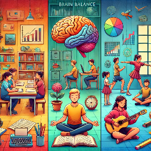 학생들이 각자 공부하고 명상하고 악기 연주하는 그림