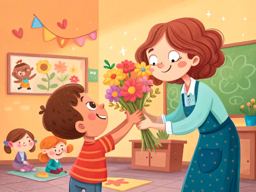 어린이집-선생님-아이들-꽃-선물