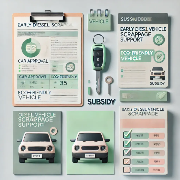하얀 배경 위에 정리된 차량 지원 서류, 자동차 열쇠, 친환경 차량 안내서, 체크리스트가 포함된 전문 스튜디오 촬영 사진 (텍스트 없음)