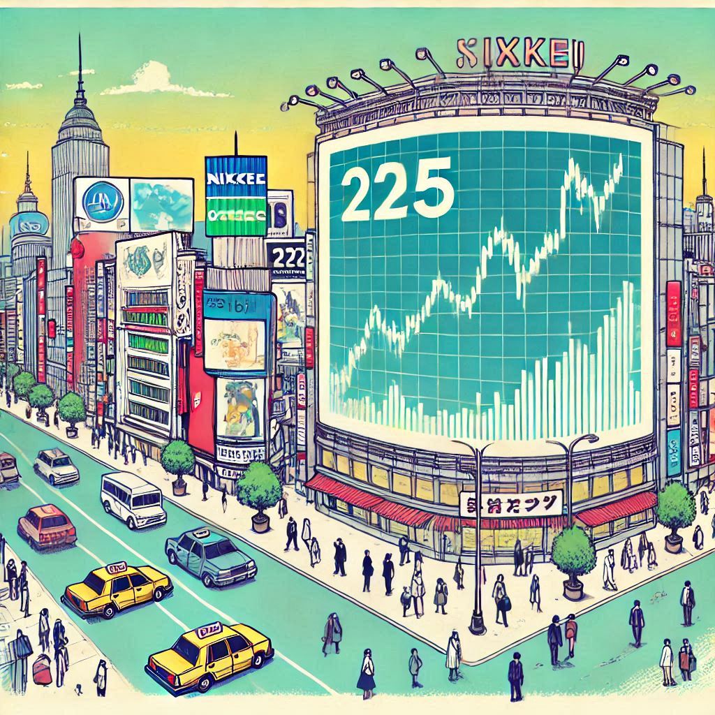 都市の電光掲示板に表示された日経225指数
