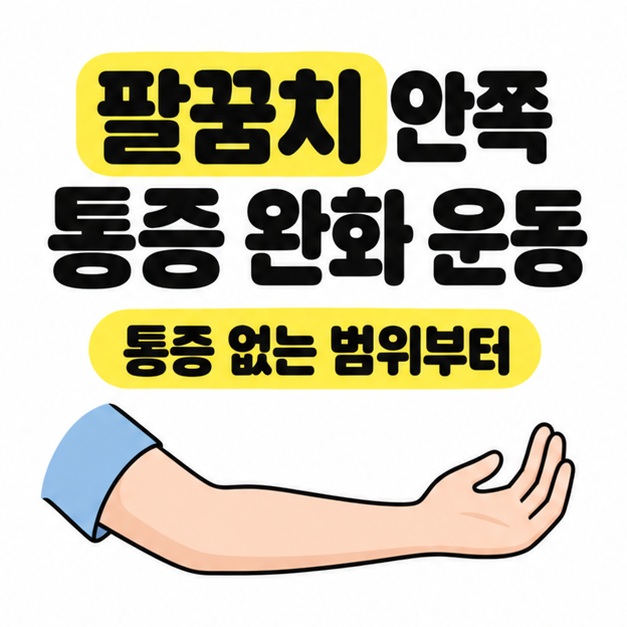 팔꿈치 안쪽 통증 완화 운동 제목과 통증 없는 범위부터라는 문구 아래 팔 그림을 배치한 대표 썸네일