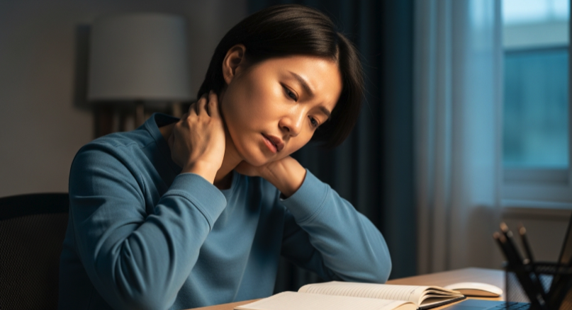 피로와 긴장으로 머리 통증이 발생하는 모습