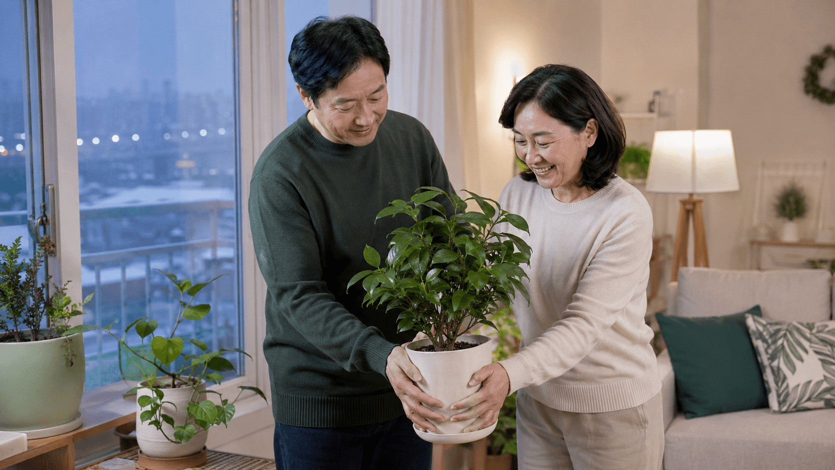 겨울철 실내 식물 냉해 확인 기준을 설명하는 한국 가정의 실내 식물 관리 장면