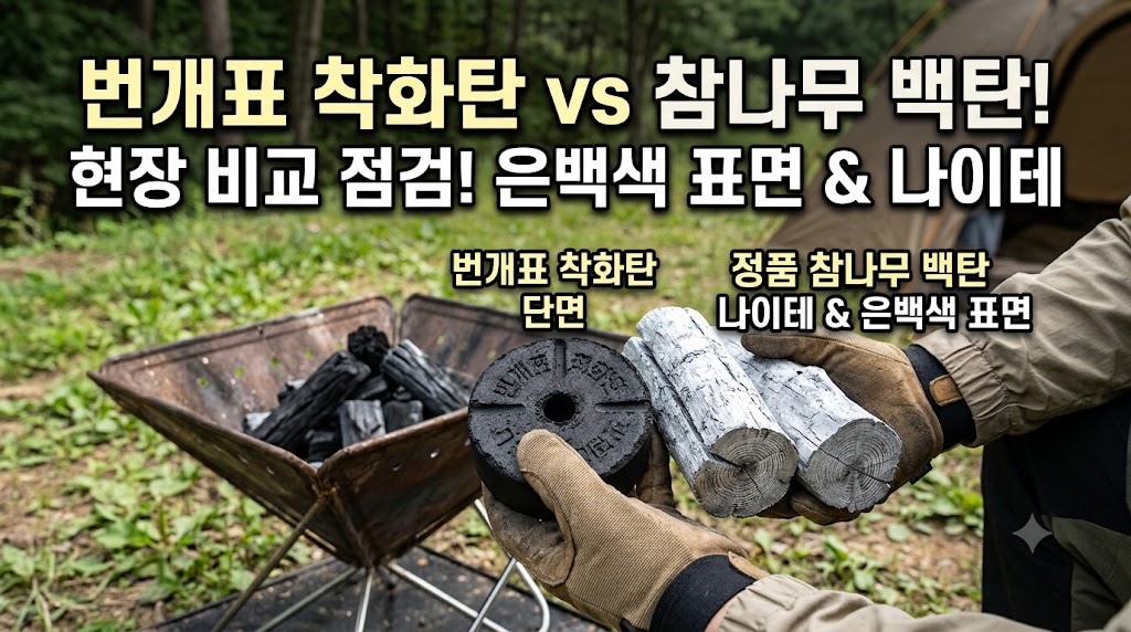 야외 화로대 옆에서 번개표 착화탄 단면과 정품 참나무 백탄의 나이테 및 은백색 표면을 비교 점검하는 현장 사진