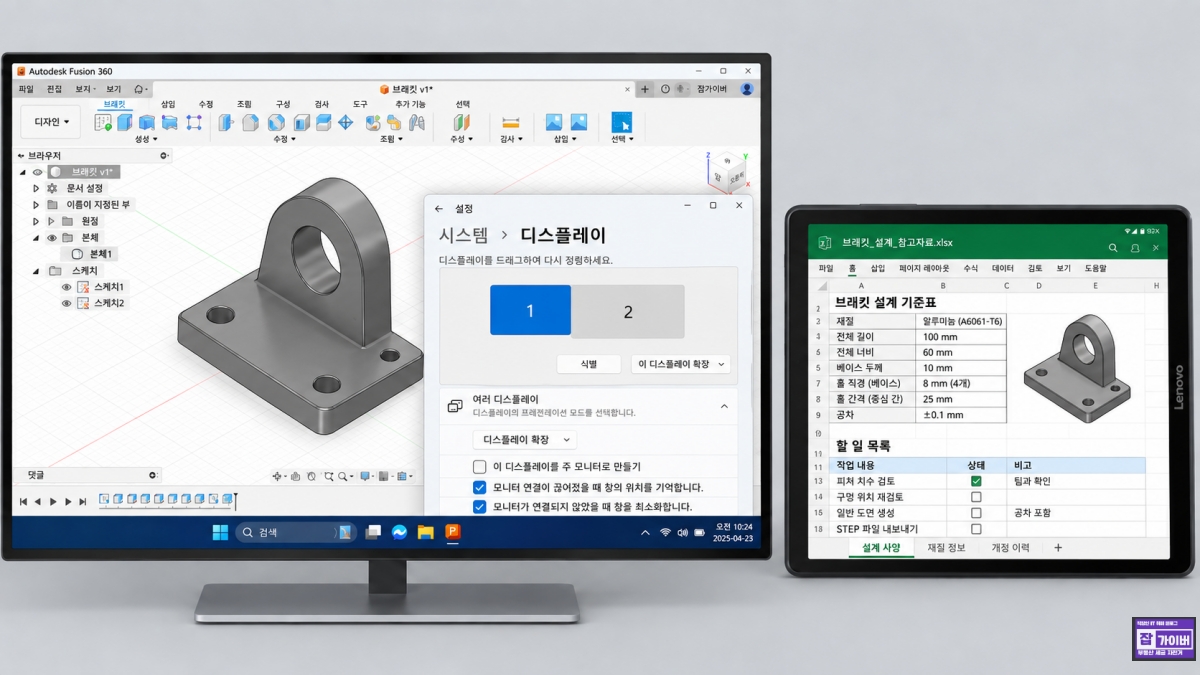 레노버탭 Spacedesk Windows CAD 업무용 듀얼모니터 보조화면 활용 예시