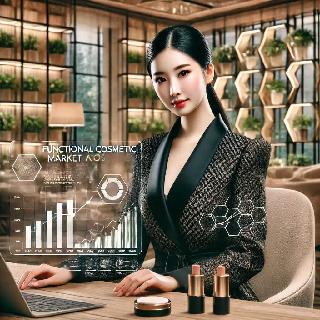 모니터를 바라보며 기능성 화장품 시장 트렌드를 분석하는 세련된 한국인 비즈니스 우먼