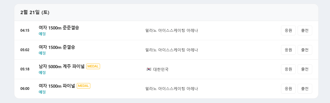쇼트트랙 올림픽 일정(2월 21일)