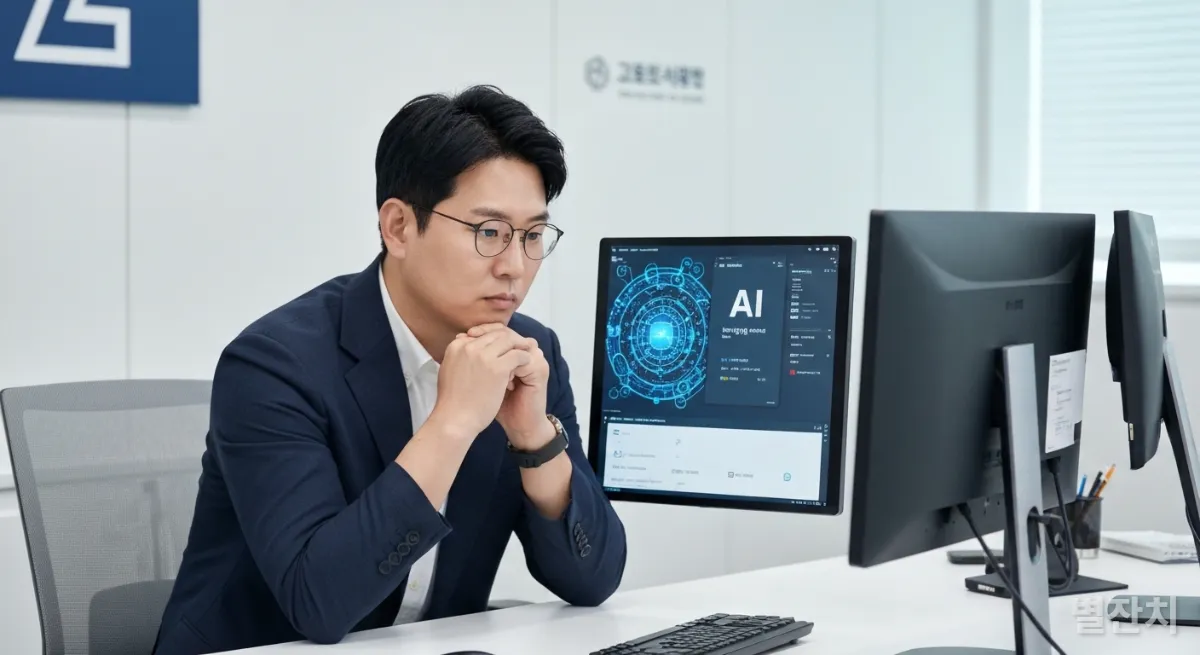 현대적인 사무실에서 여러 AI 소프트웨어 인터페이스를 비교하며 신중하게 선택하는 한국인 남성 전문가