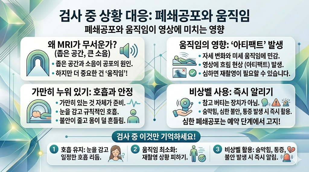 MRI 검사 중 폐쇄공포와 움직임 통제 방법을 보여주는 이미지