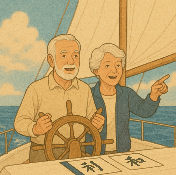 노부부가 푸른 바다 위를 요트로 항해하는 모습