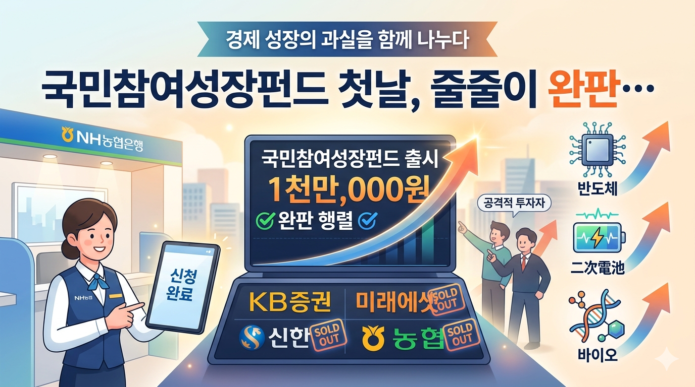 '국민참여성장펀드 첫날, 줄줄이 완판&hellip;'이라는 메인 타이틀 아래, 펀드 가입 대란과 투자 분야를 시각적으로 정리한 일러스트 이미지입니다.

중앙의 커다란 전광판 화면에는 '국민참여성장펀드 출시', '1천만,000원', '완판 행렬'이라는 문구와 함께 상승하는 붉은색 화살표 그래프가 그려져 있으며, 그 아래로 KB증권, 미래에셋, 신한, 농협 등 주요 금융사의 로고와 함께 'SOLD OUT(품절)' 도장이 찍혀 있습니다.

좌측에는 NH농협은행 유니폼을 입은 은행원이 '신청 완료'가 띄워진 태블릿을 들고 미소 짓고 있으며, 우측에는 '공격적 투자자'라는 말풍선과 함께 주가 상승을 기뻐하는 남성들의 모습이 보입니다. 그 옆으로는 이번 펀드가 집중 투자하는 핵심 산업인 '반도체', '이차전지', '바이오'의 아이콘과 함께 위를 향해 뻗어나가는 화살표들이 배치되어 있습니다.