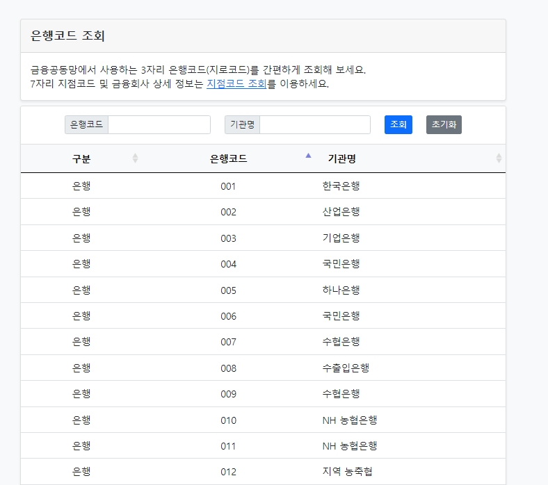 농협 은행 코드가 010, 011 등으로 여러 개 표시된 목록