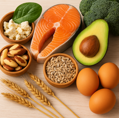 셀레늄이 풍부한 연어,아보카도,곡물,계란,치즈,브라질너트 사진