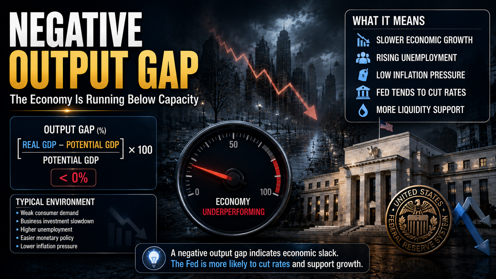 Negative Output Gap illustrating economic slowdown, weaker demand, and potential Federal Reserve rate cuts.