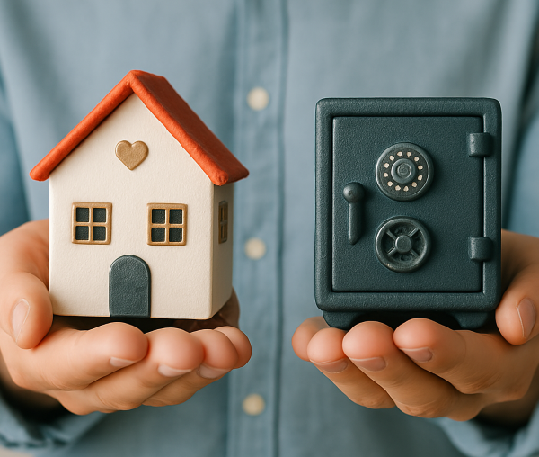 두 손에 각각 집 모형과 금고 모형을 들고 있는 사진. 미국과 한국의 상속법 차이를 상징적으로 보여주는 이미지.