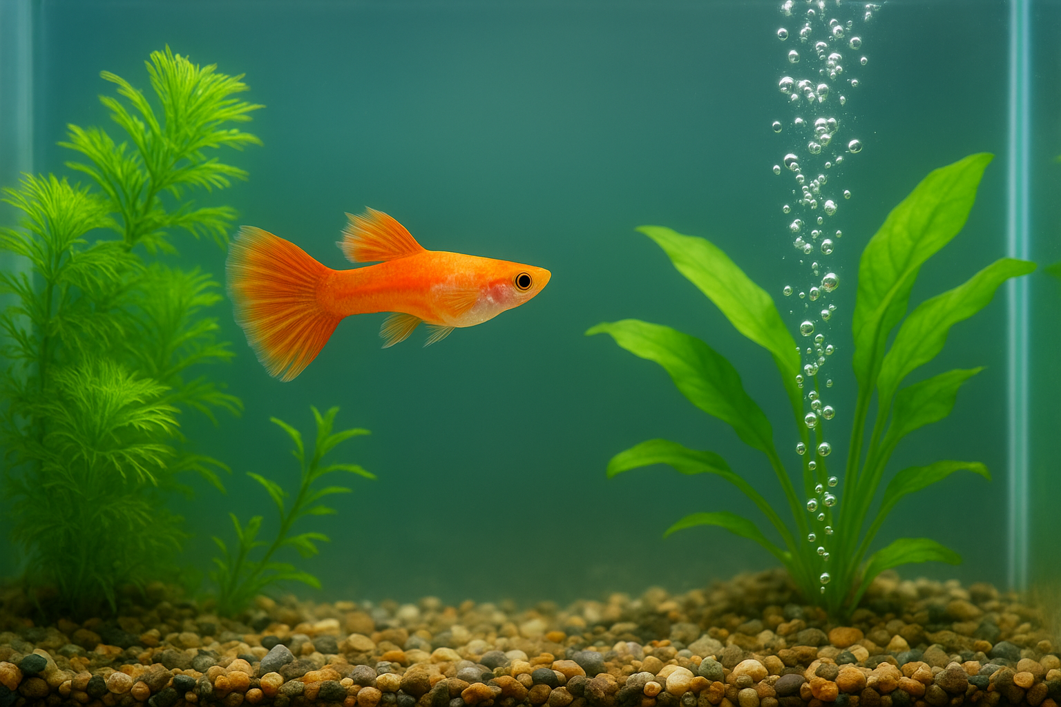 가정용 유리 어항 속 탁한 물, 수조 벽면의 이끼, 바닥에 쌓인 찌꺼기, 힘없이 헤엄치는 열대어, 실제 사진 느낌, 고해상도, 글자 없음, 다큐멘터리 사진 스타일