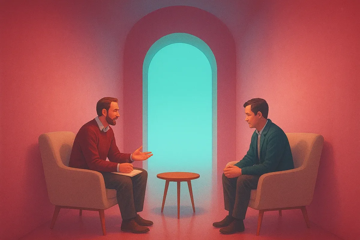 상담 장면을 나누는 두 남성