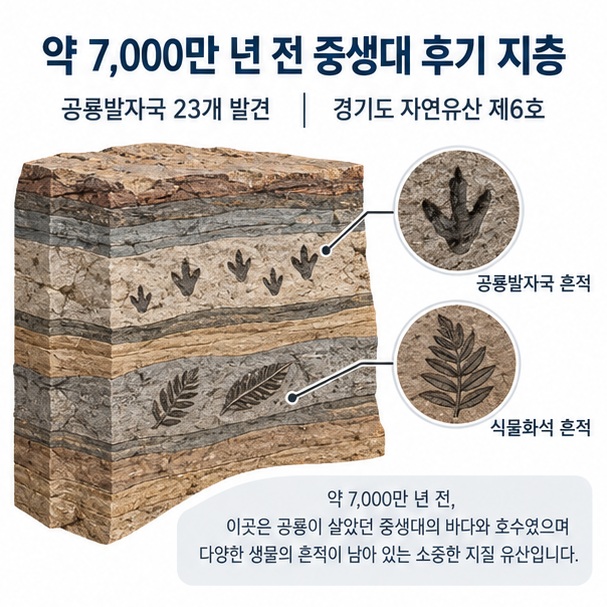 약 7천만 년 전 퇴적암층과 공룡발자국 발견 사실 및 경기도 자연유산 지정을 설명한 이미지