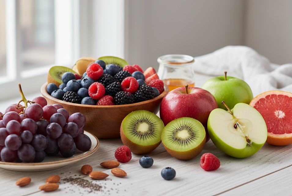 다양한 베리류, 사과, 키위 등 건강에 좋은 과일 모음 이미지