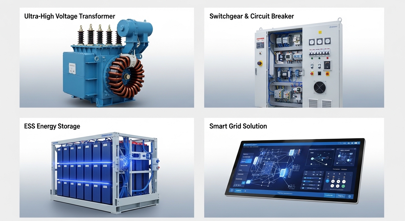 LS Electric industrial product portfolio showcase. Four clean product cards Ultra-High Voltage Transformer large blue transformer, Switchgear & Circuit Breaker electrical panel, ESS Energy Storage battery rack system, Smart Grid Solution digital control interface. Blue color scheme, professional industrial photography. English labels only. No Korean text.