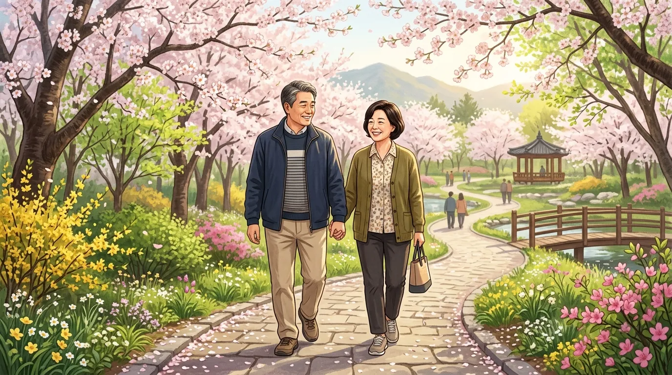 봄 아침 공원에서 가볍게 걷는 중년 부부